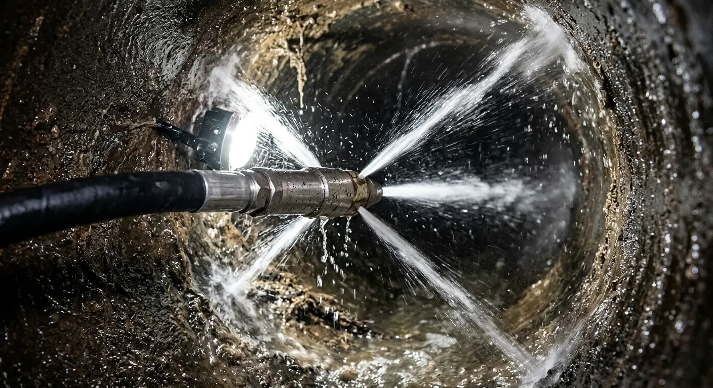 High-pressure hydro jetting nozzle cleaning sewer pipe for Emergency Drain Service in Mercer Island