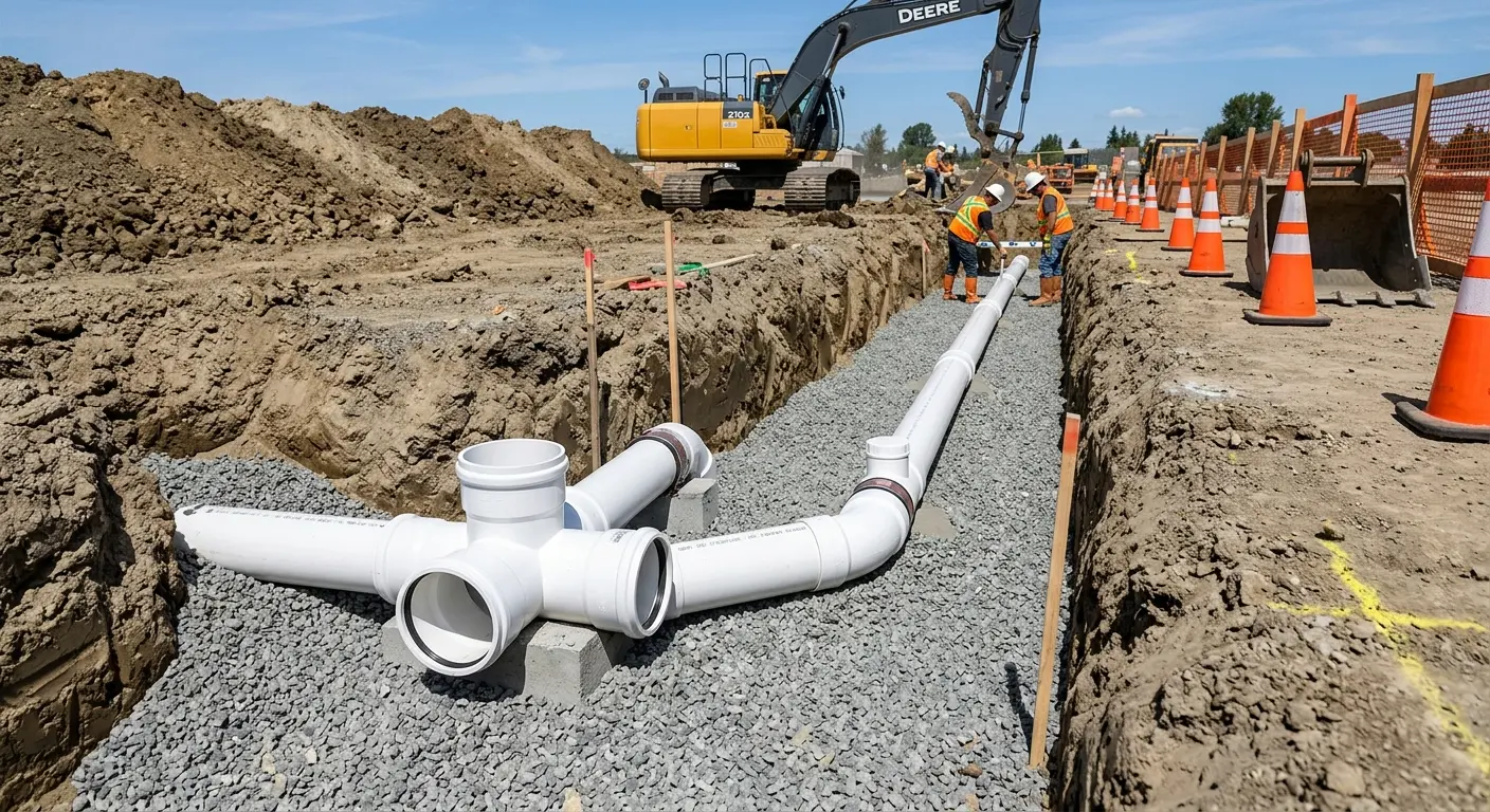 New PVC sewer pipe installation in open trench for Sewer Backup in Mercer Island